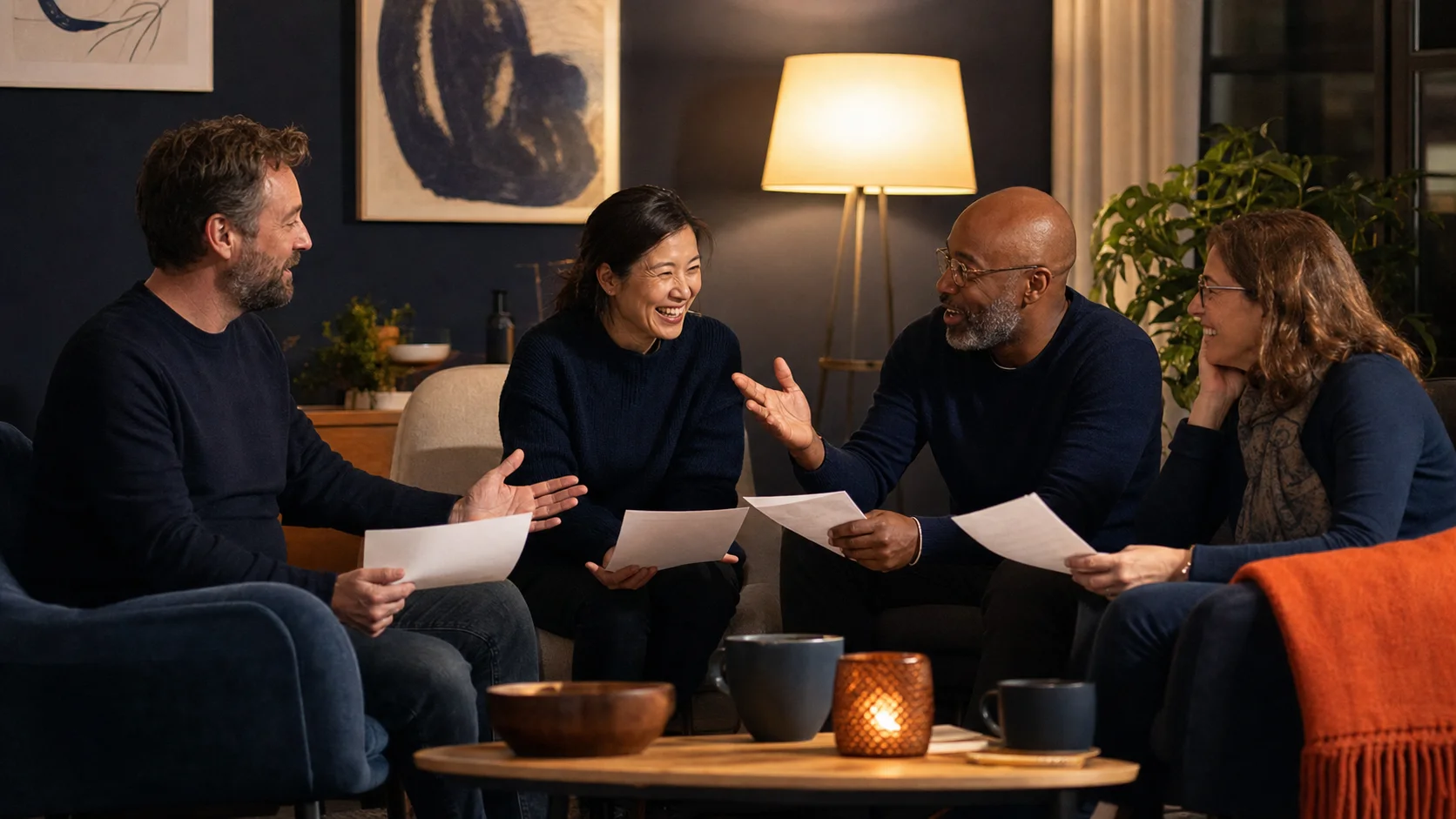 A small evening cohort gathered around a table in warm lamplight, mid-conversation.