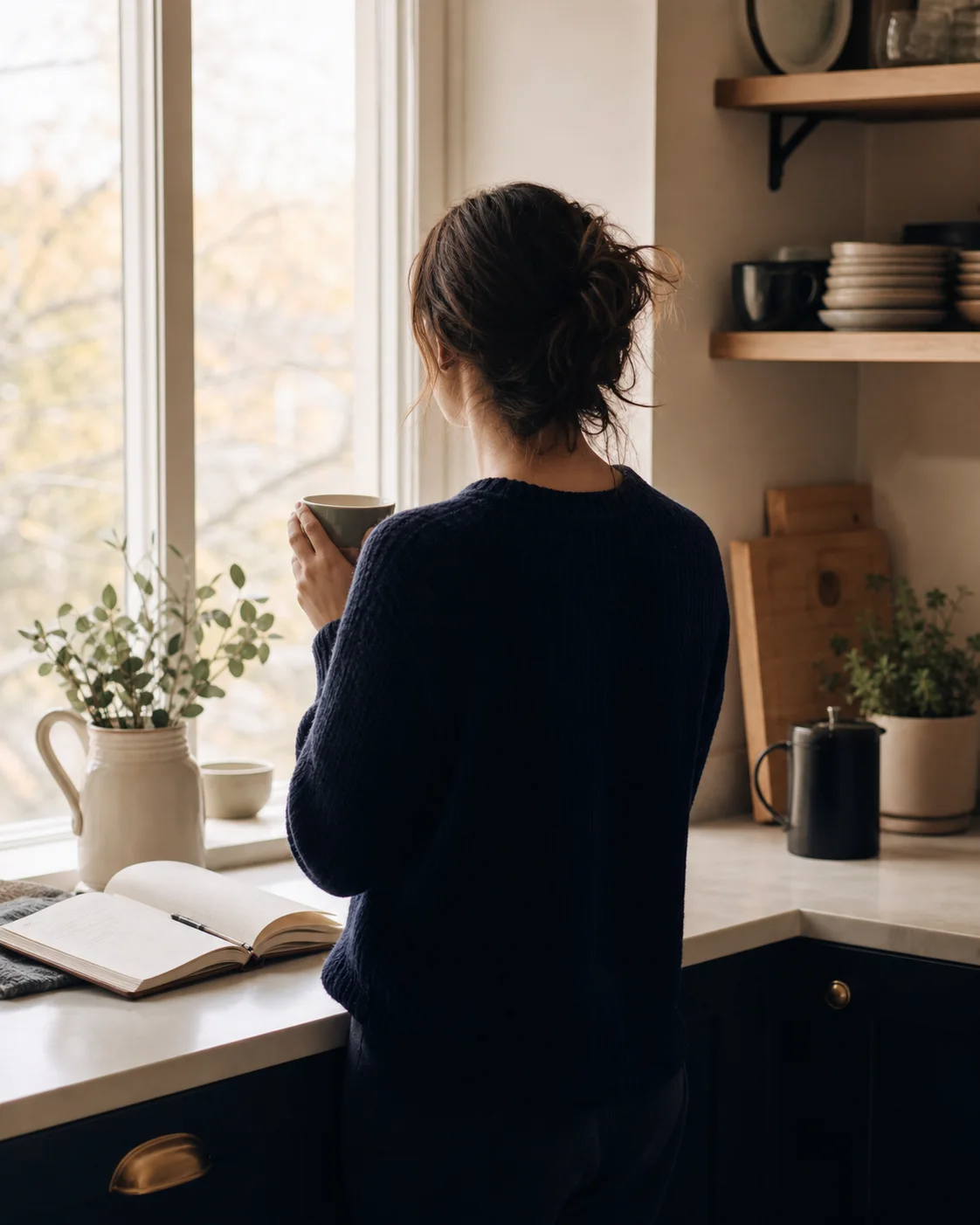 A person standing at a sunlit window with a cup of coffee, an open notebook on the counter — a quiet pause to step back and reconceive.