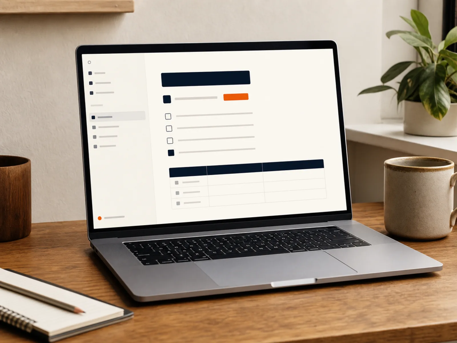 A laptop on a warm wooden desk showing a clean, minimal Notion planner workspace.