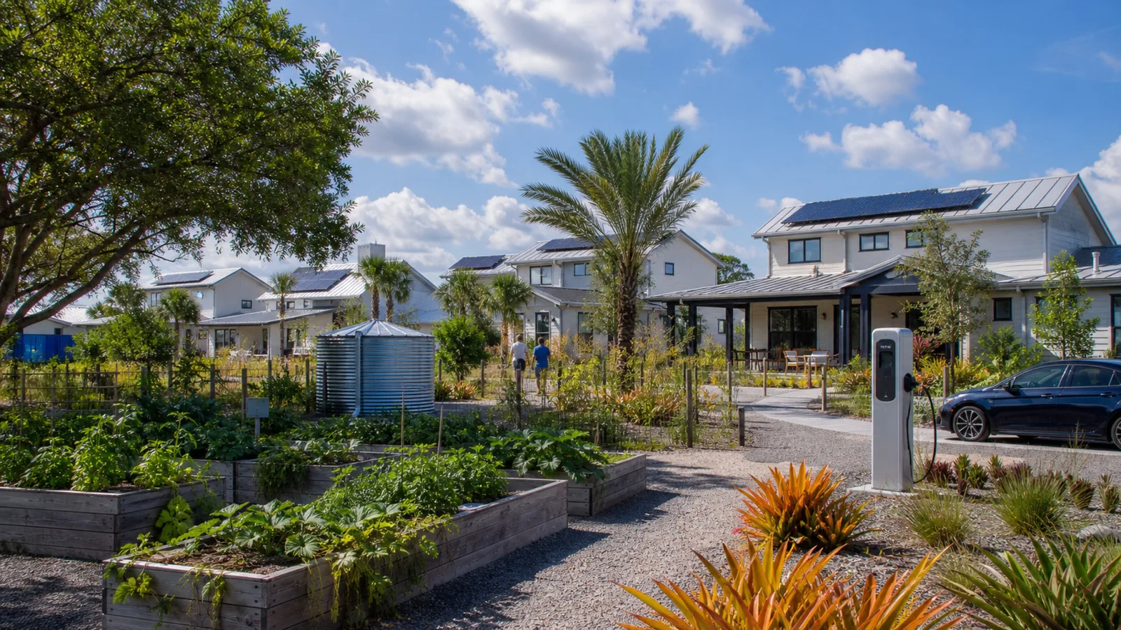 A modern, solar-powered sustainable community in Florida — contemporary homes with rooftop solar panels, a community garden, and native landscaping.